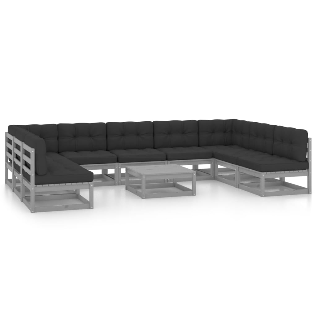 10-tlg. Garten-Lounge-Set mit Kissen Grau Kiefer Massivholz.
